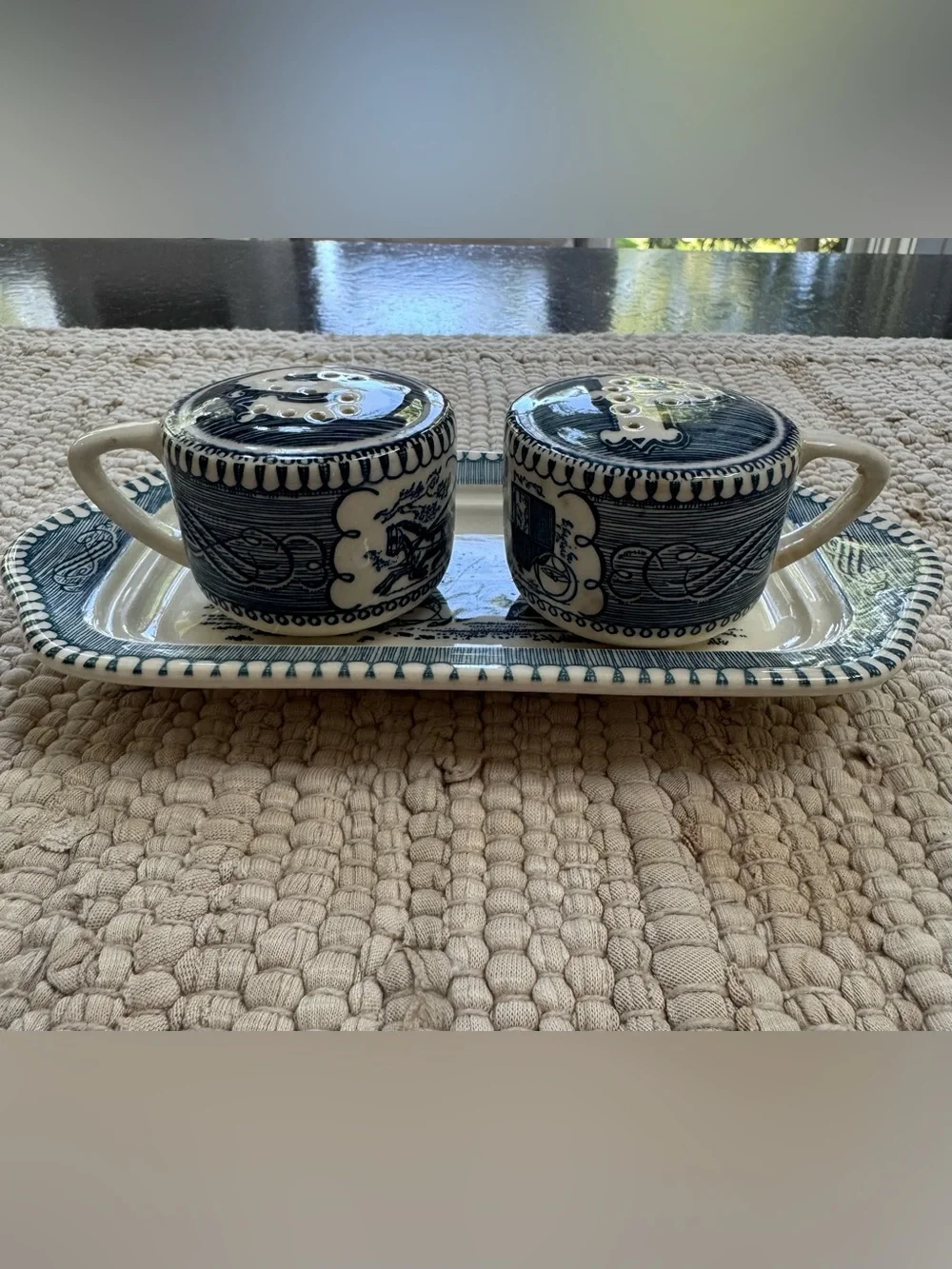 Vintage Currier & Ives by Royal Blue & White Salt and Pepper Shaker with Tray